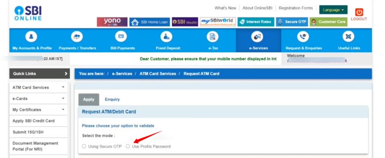internet banking ke dvara atm card apply kaise karte hai 