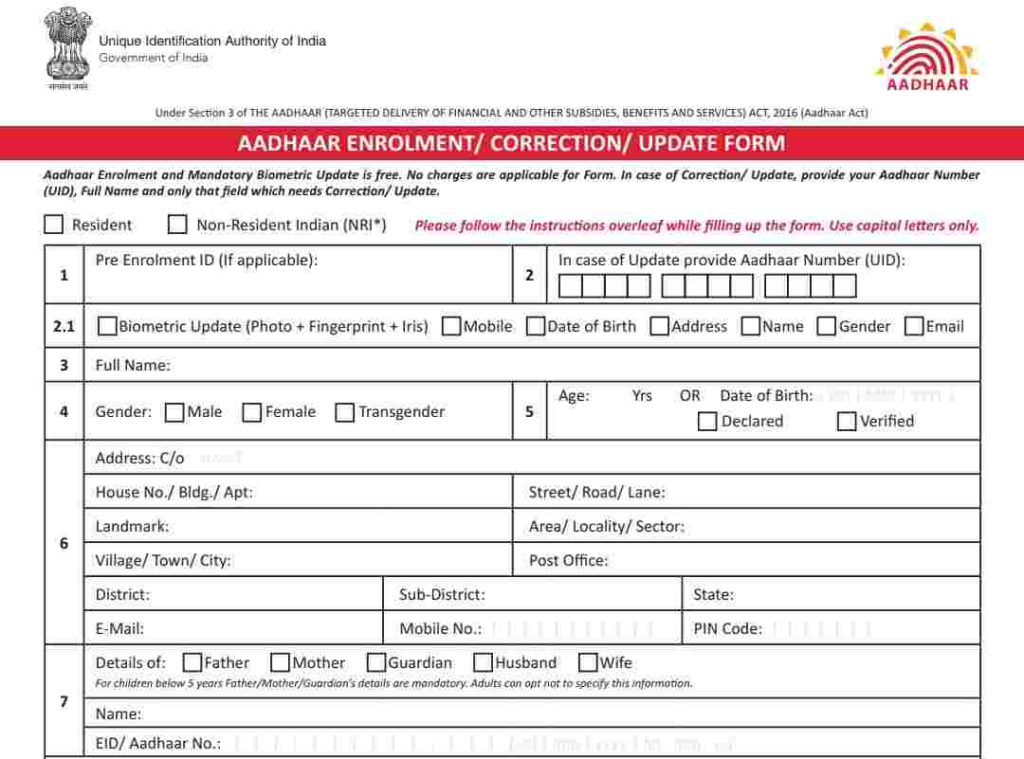 aadhaar card update correction form pdf