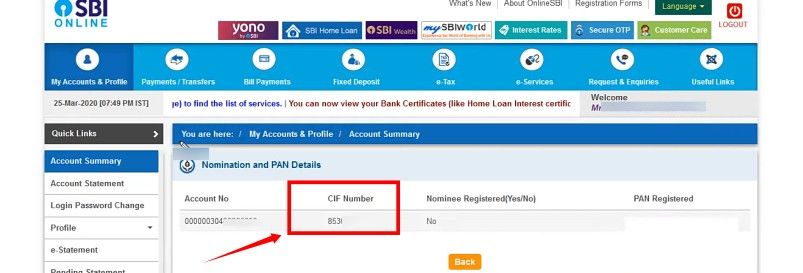 state bank of india cif number find