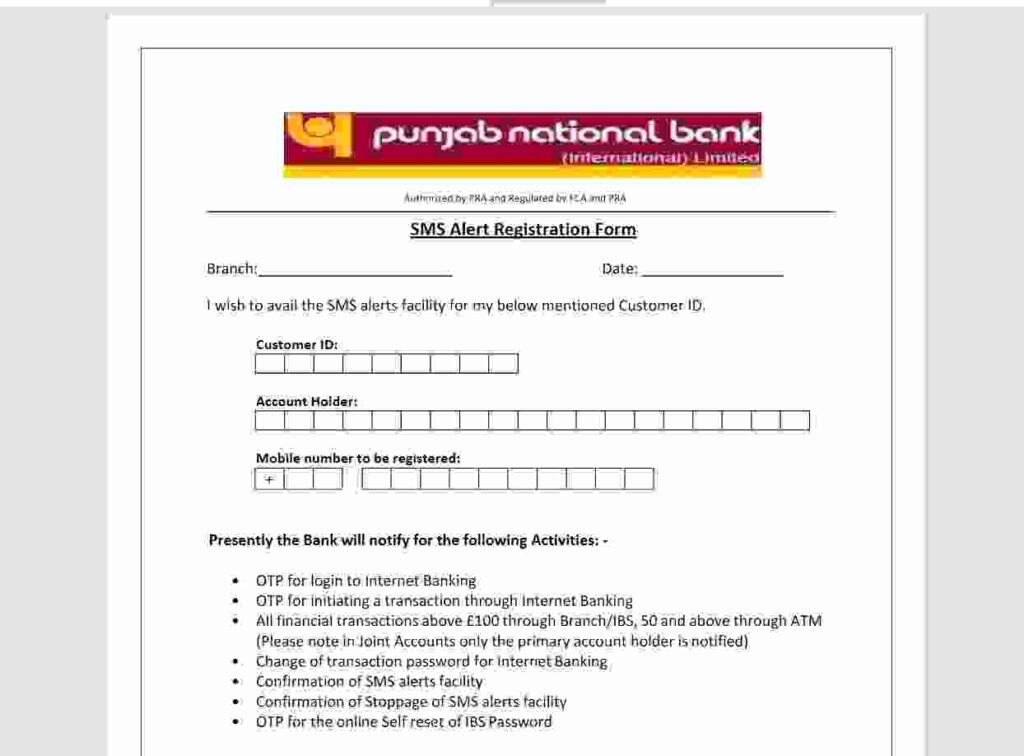 punjab national bank mobile number registration form pdf 