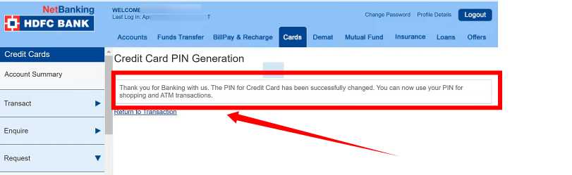 hdfc bank credit card pin generation online process 