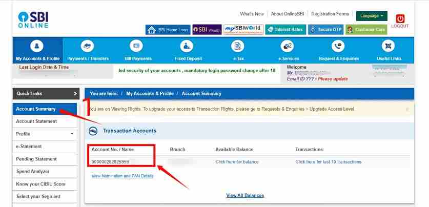 sbi internet banking se account number search 